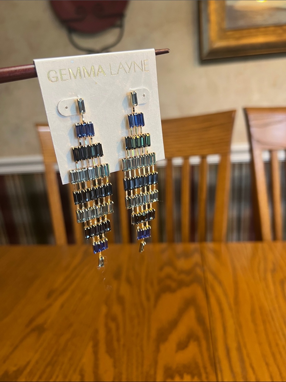 GEMMA LAYNE Gold-Tone Drop Earrings with Lt and Drk Blue Beads. Cascade Effect
